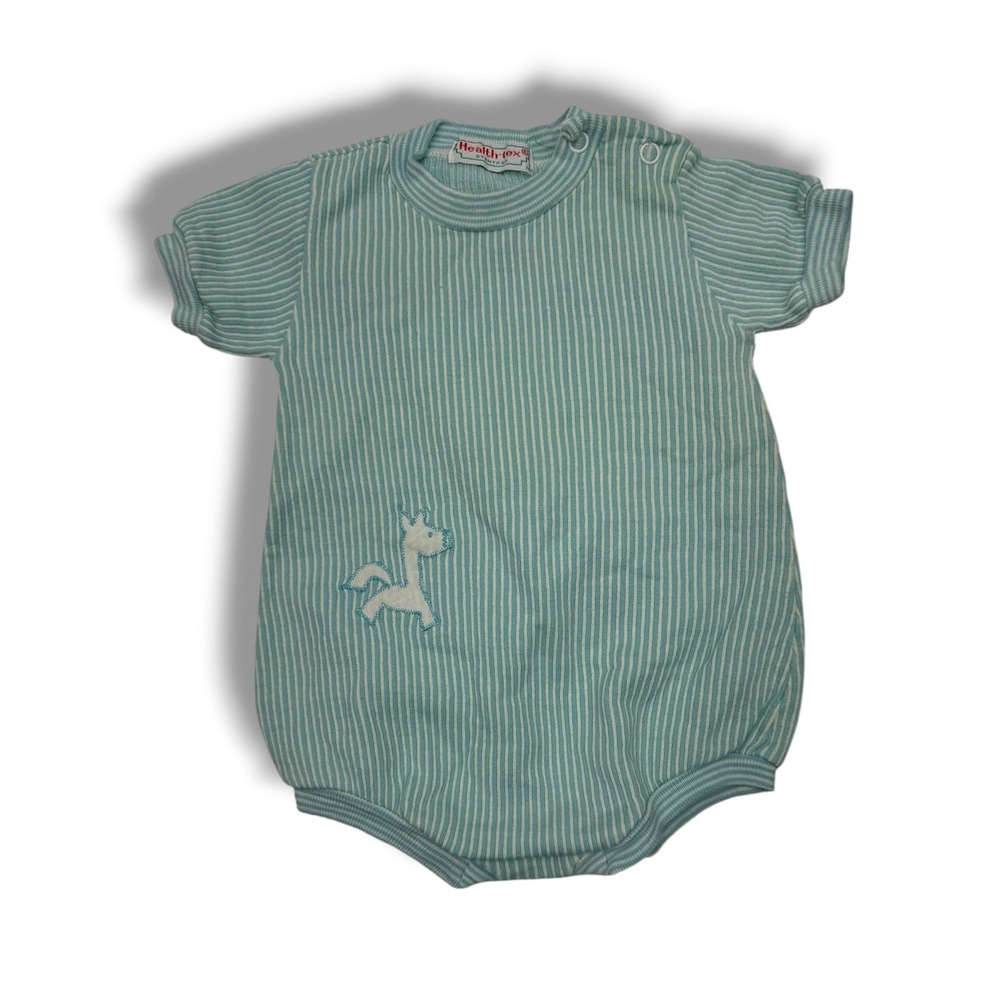 Vintage Health-Tex Baby Romper Blue White Striped Horse One Piece Retro Infant